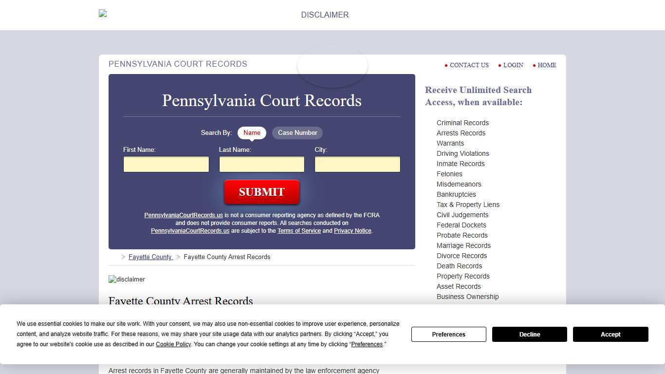 Fayette County Arrest Records PennsylvaniaCourtRecords.us